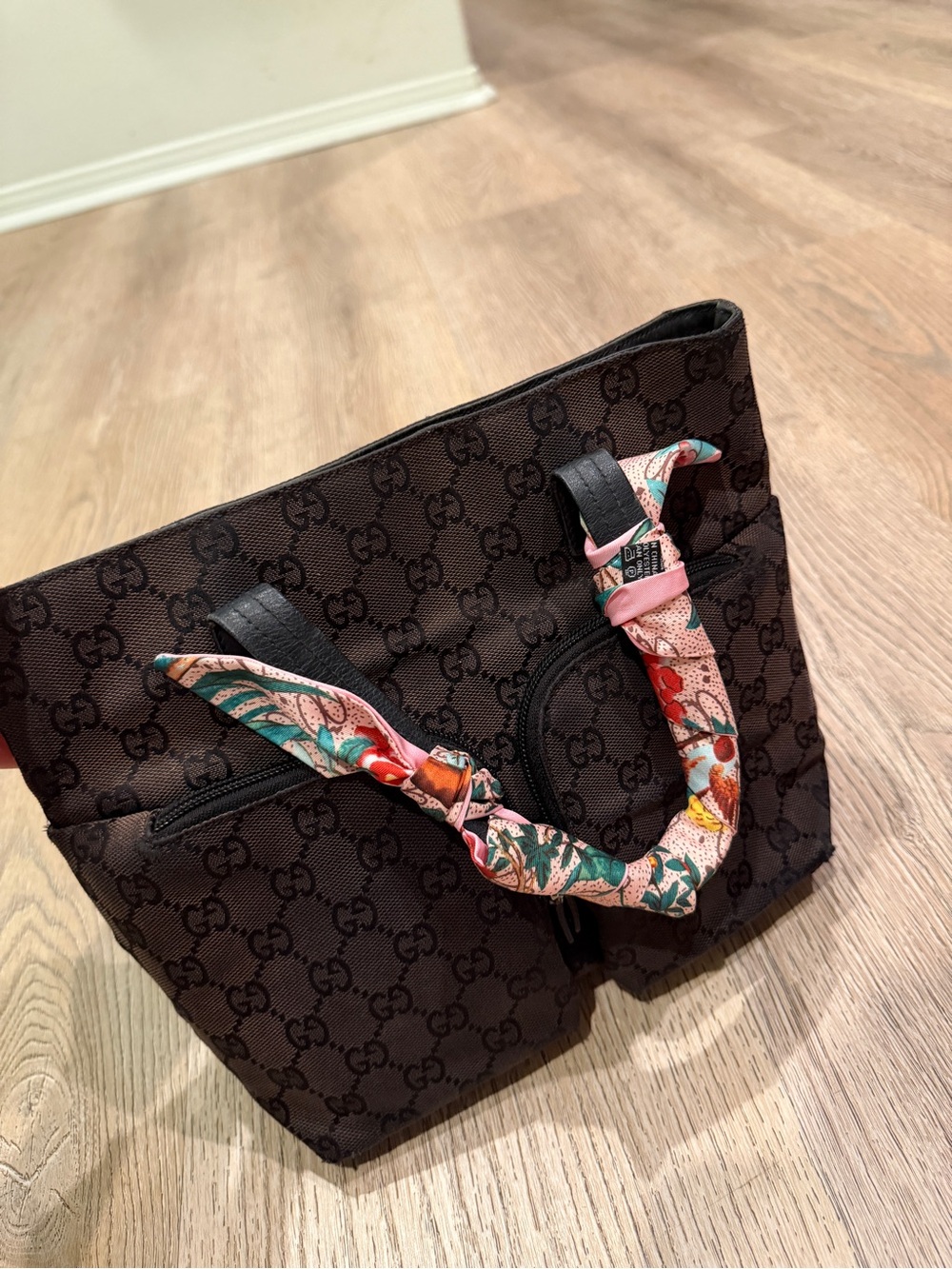 Gucci Brown GG Canvas Tote with Pink Floral Scarf-Wrapped Handles